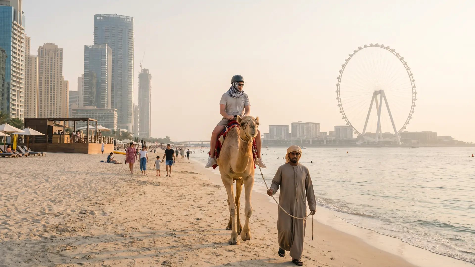 Camel ride along JBR beach in Dubai with the skyline behind